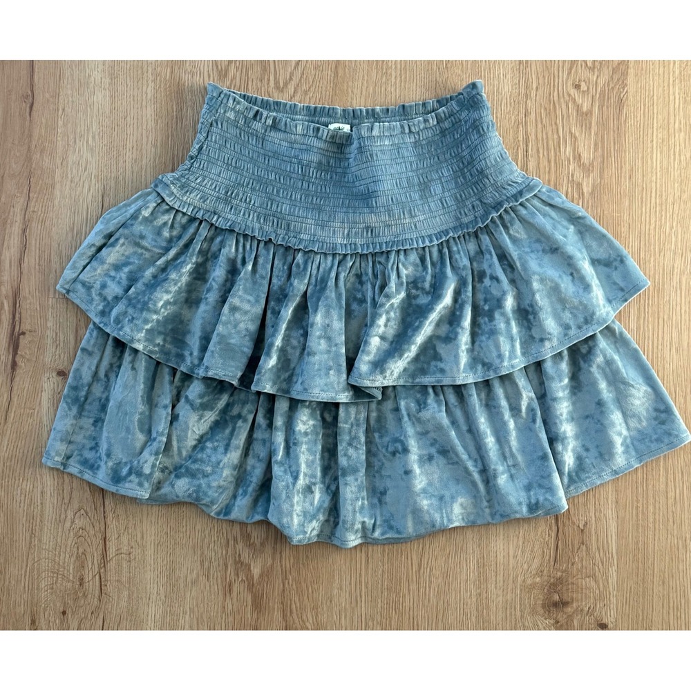 Aerie Velvet Smocked Tiered Thrills & Frills Pull On Mini Skirt Teal Size Small‎